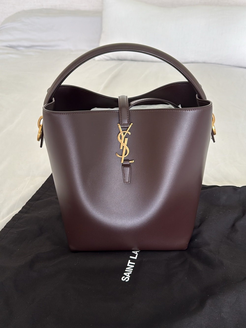 Saint Laurent Dark Brown Leather Bucket Tote with Gold YSL